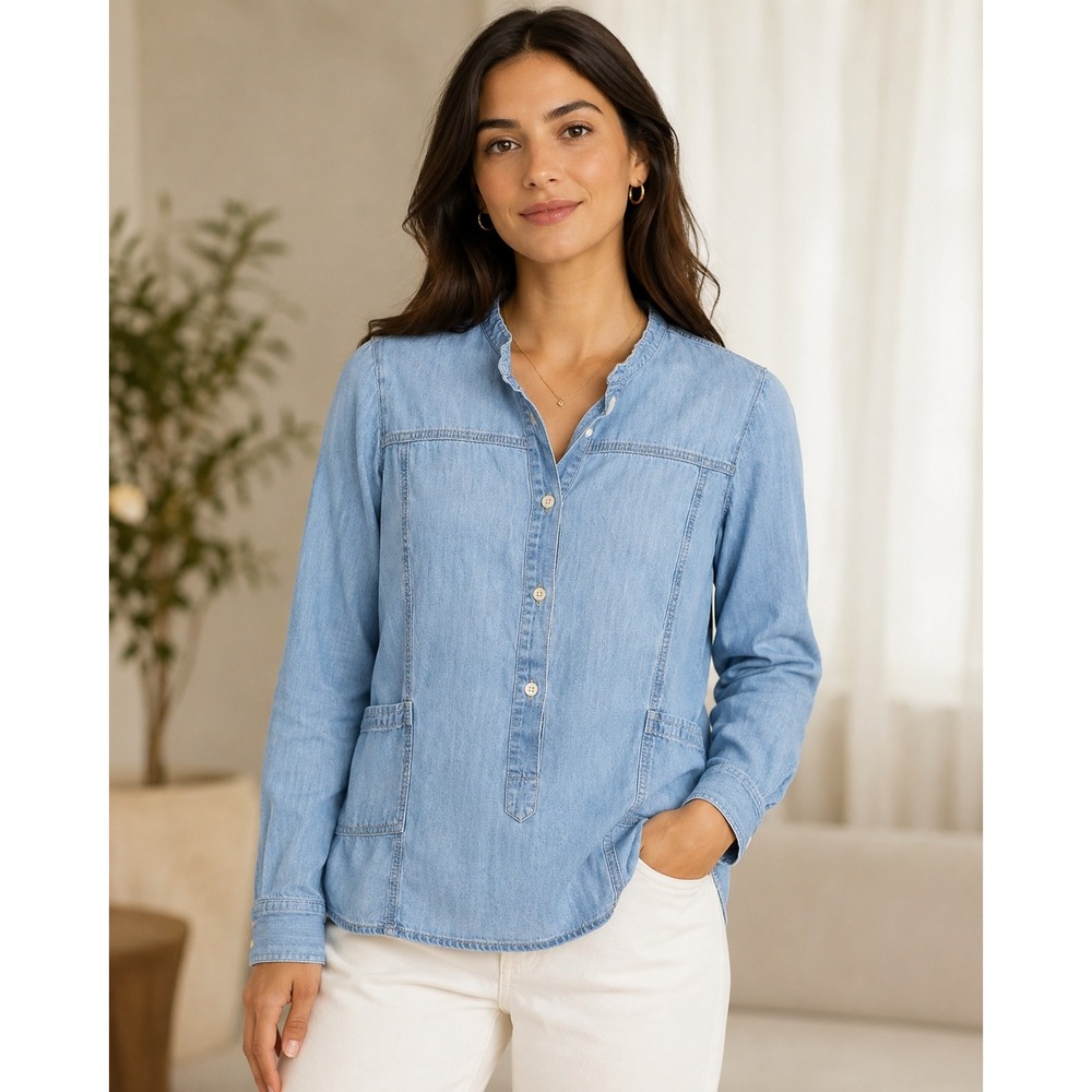 Madewell Coastal Clean Girl Shirt Utility Cotton Band Collar Blue M Farmhouse